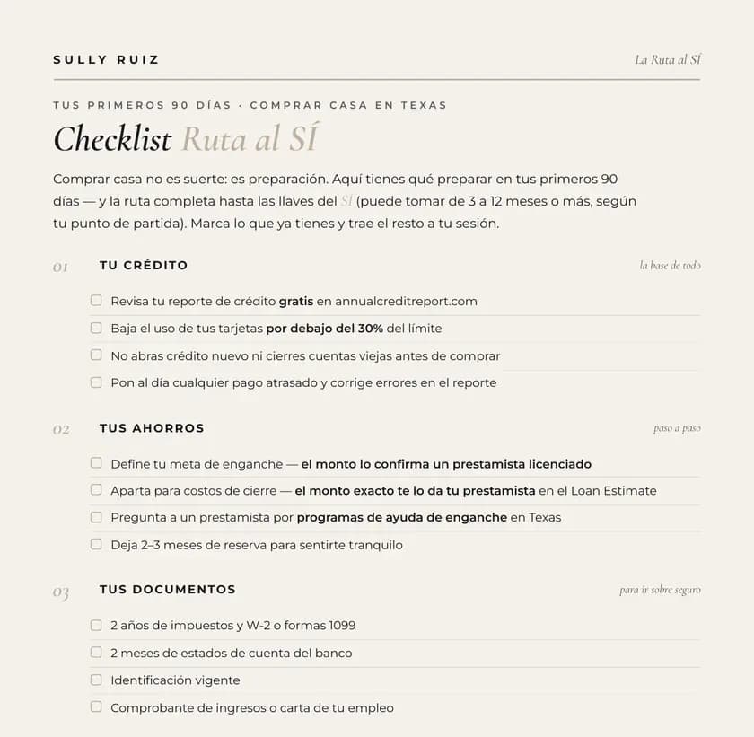 Página 1 de la checklist Ruta al SÍ: tu crédito, tus ahorros y tus documentos, con casillas para marcar.