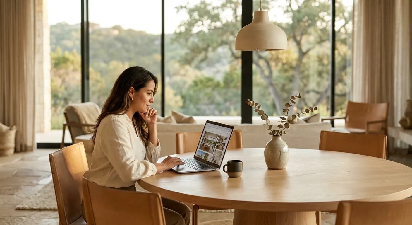 Buyer reviewing real estate listings on a laptop, thoughtful expression in a sunlit room.