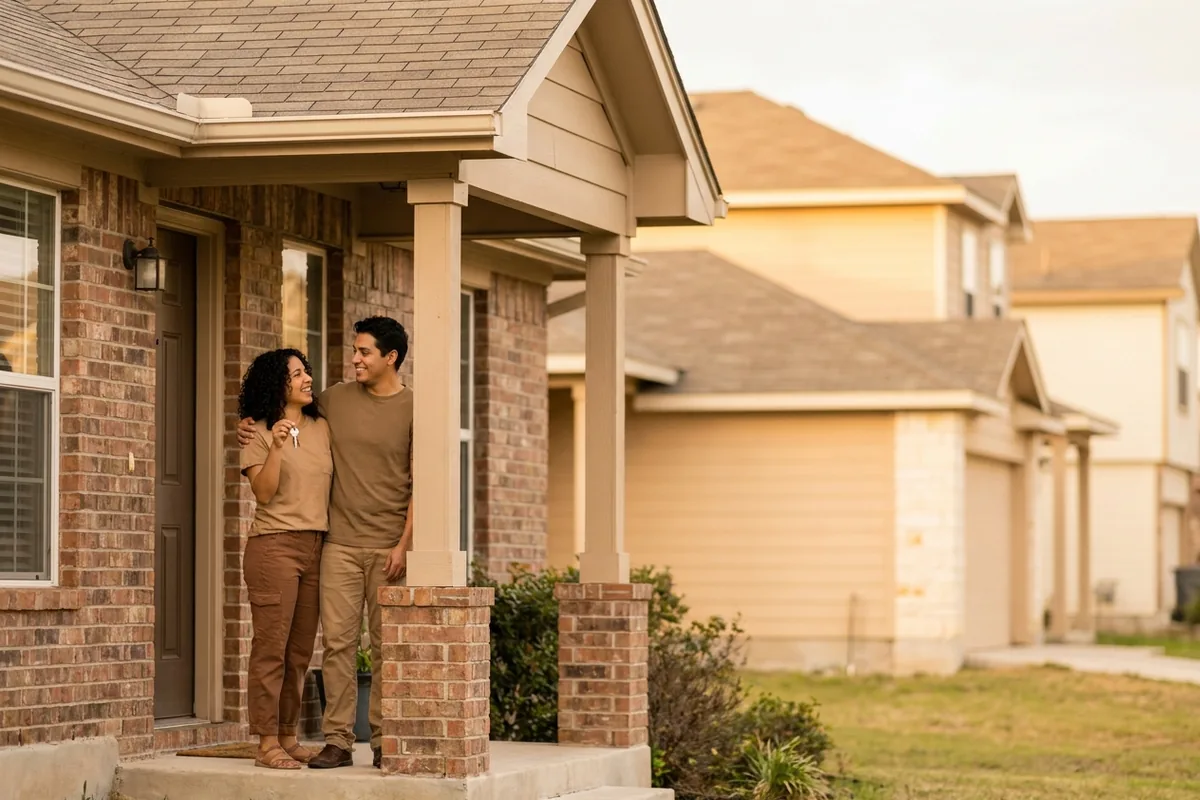 Pareja feliz con las llaves de su primera casa en Texas