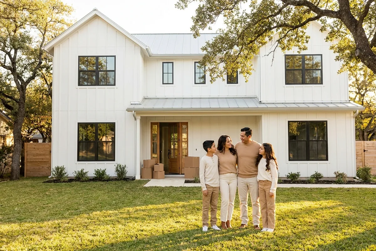 Familia frente a su nueva casa más grande en Texas